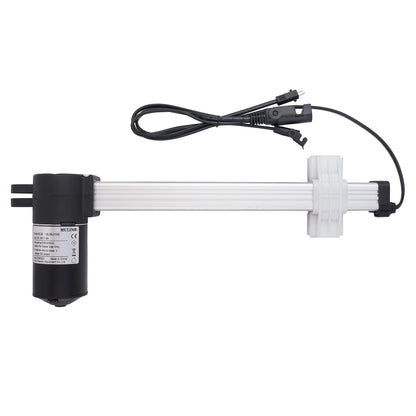 A linear electric actuator with a black motor housing, a long white rod, and a black power cable with connectors, shown on a plain white background.