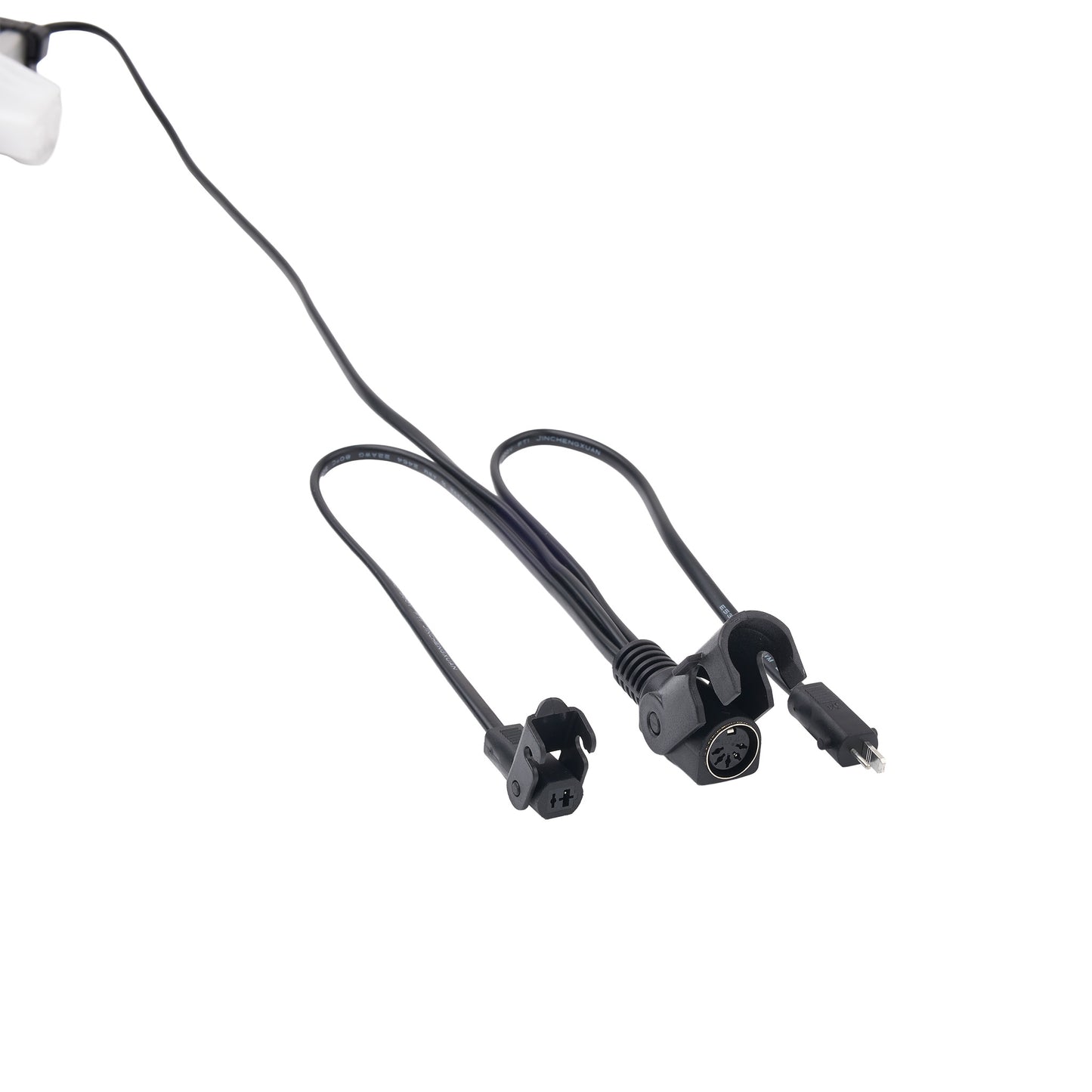 Black dual-port cable with various connector types, including a USB-C to USB-C cable and other plug types, shown on a plain white background.