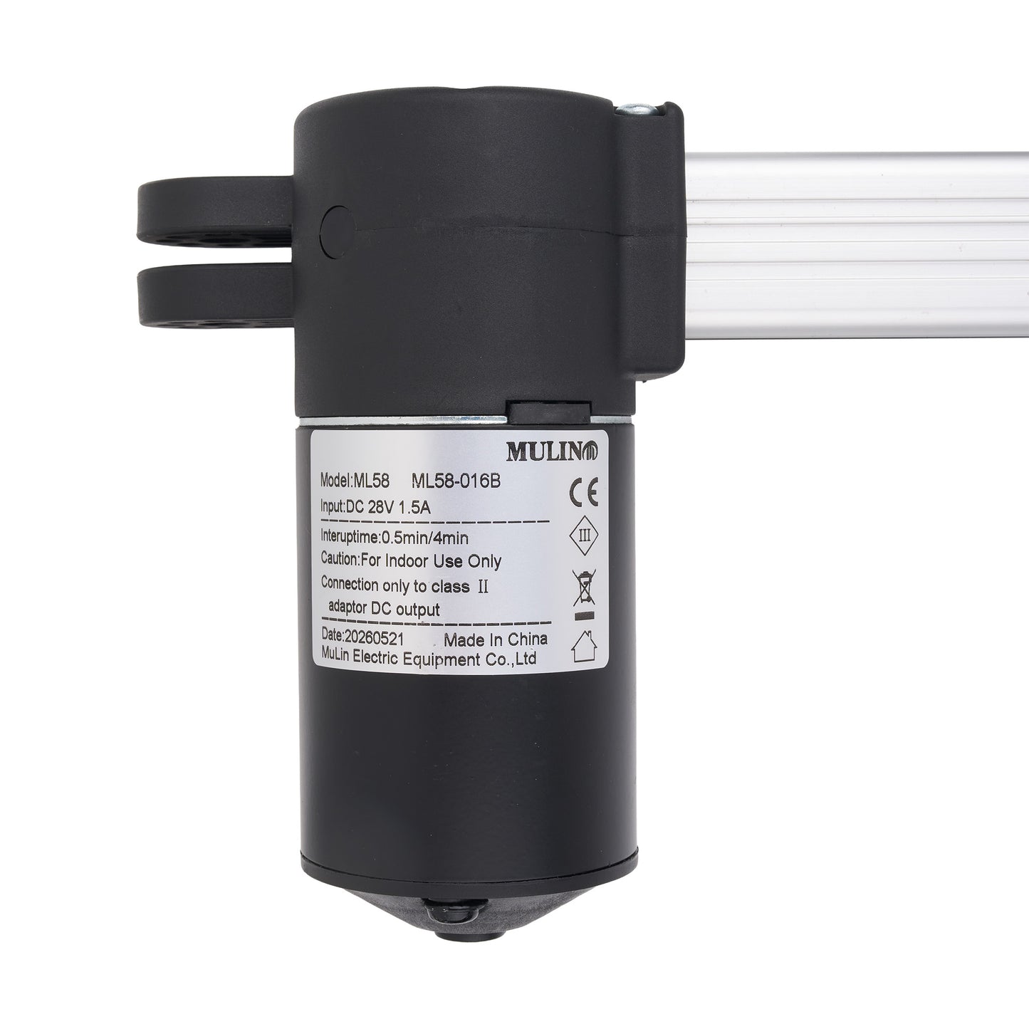 A black Mulin ML58 DC motor driver module with a white specification label, shown against a plain white background with a silver aluminum rail extending to the right.
