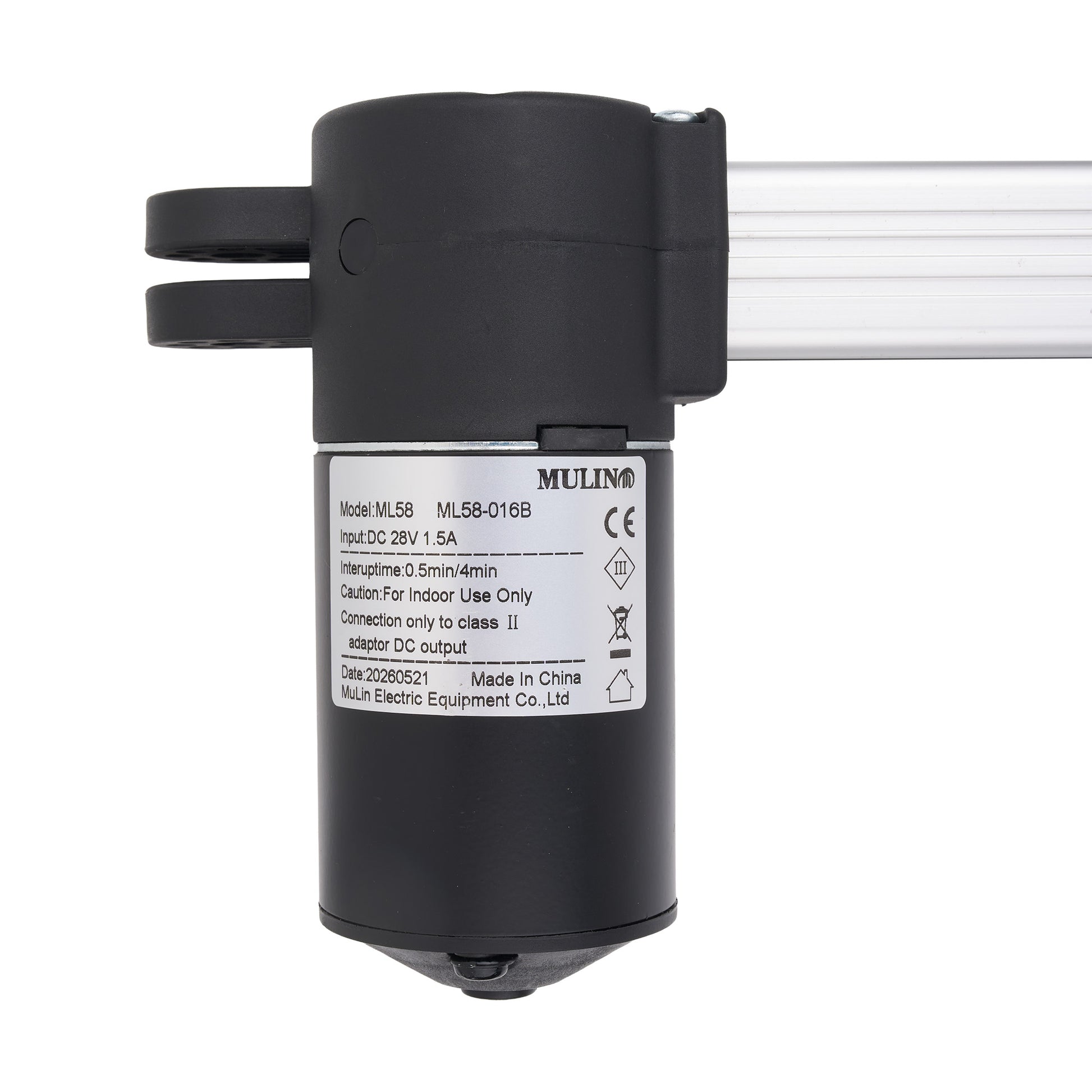 A black Mulin ML58 DC motor driver module with a white specification label, shown against a plain white background with a silver aluminum rail extending to the right.