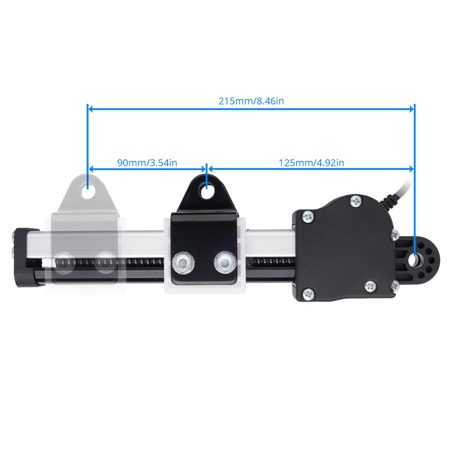 A linear motion guide rail assembly with dimension annotations showing measurements of 215mm, 90mm, and 125mm on a plain white background.