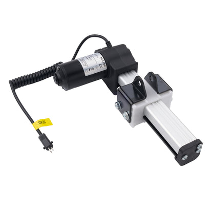 A linear electric actuator with a black motor housing, silver aluminum rod, and black mounting brackets, shown with its attached black power cable on a plain white background.
