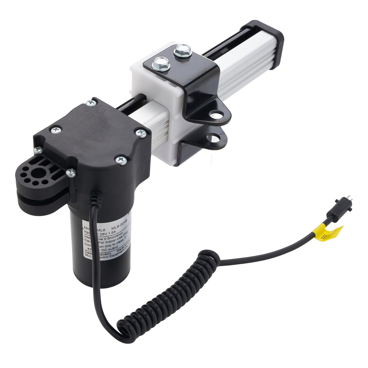 An industrial electric linear motor drive assembly with a black cylindrical motor, white and black metal rails, mounting brackets, and a coiled black cable ending in a yellow connector, shown on a plain white background.