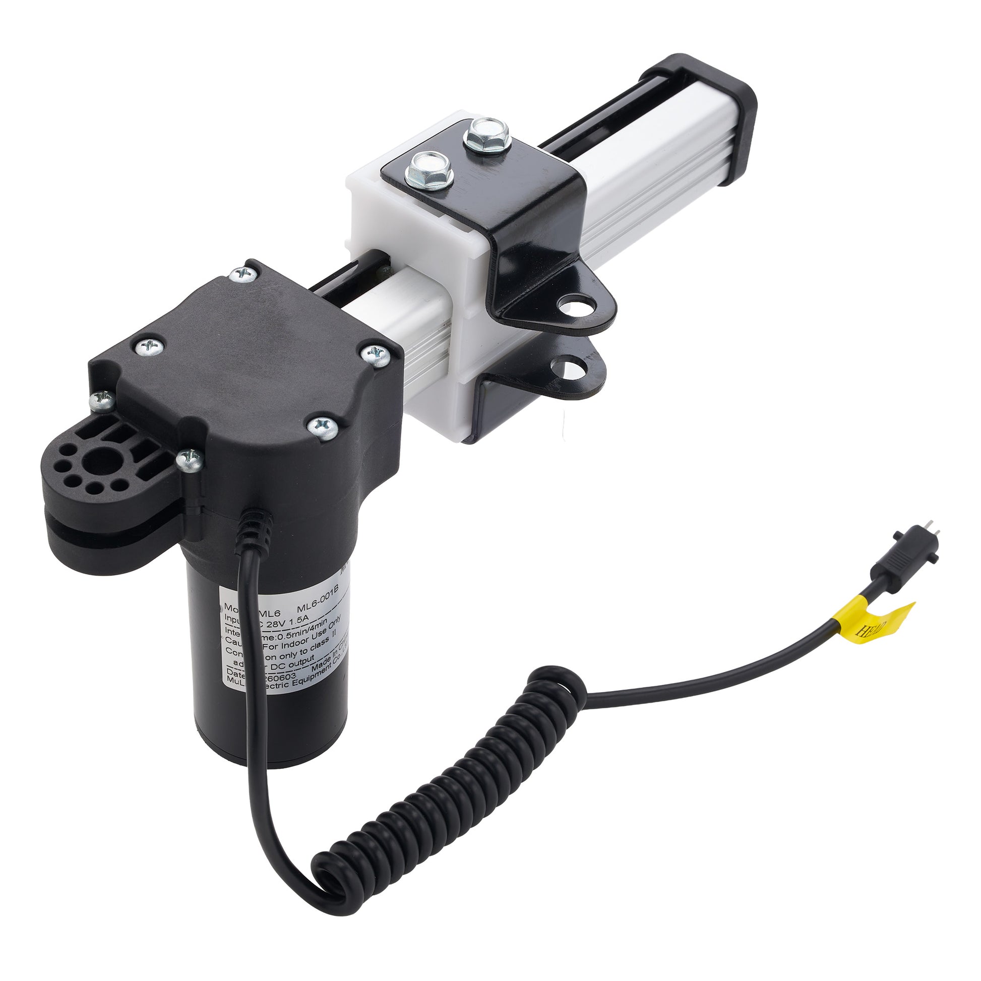 An industrial electric linear motor drive assembly with a black cylindrical motor, white and black metal rails, mounting brackets, and a coiled black cable ending in a yellow connector, shown on a plain white background.