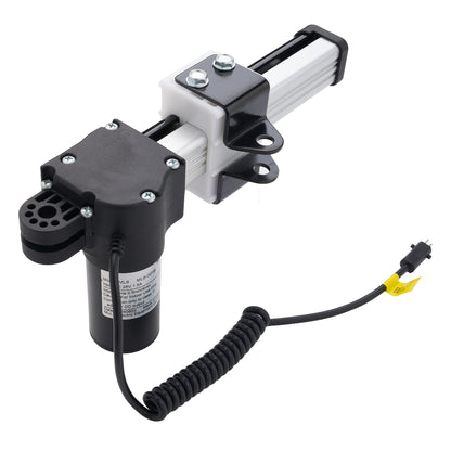 An industrial electric linear motor drive assembly with a black cylindrical motor, white and black metal rails, mounting brackets, and a coiled black cable ending in a yellow connector, shown on a plain white background.