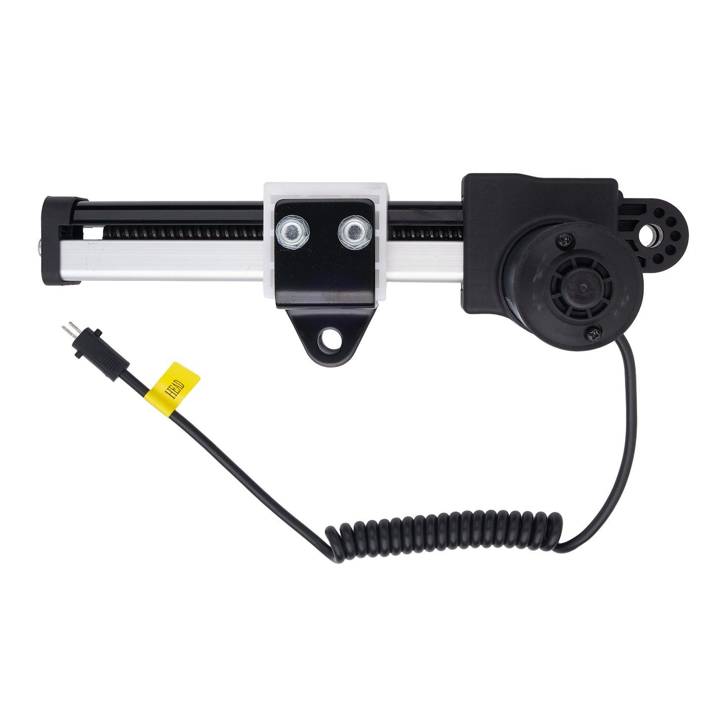 A linear slide rail assembly with a black motor and a coiled black cable, shown on a plain white background.