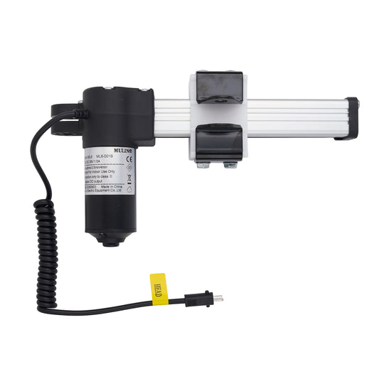 A NULIN electric linear motor slide with a black cylindrical motor, a silver aluminum rail, black mounting brackets, and a black coiled power cable with a yellow connector tag, shown on a white background.