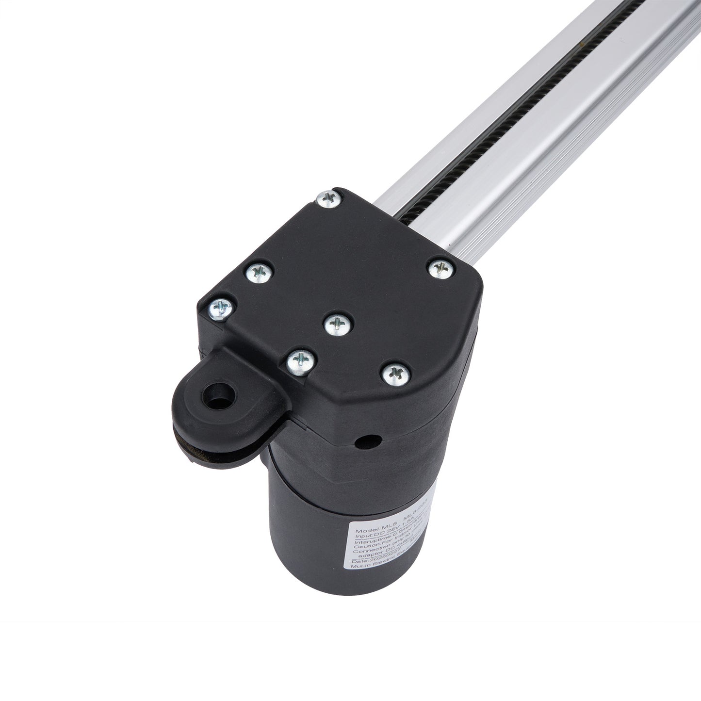 Black mechanical component with metallic rod on a white background