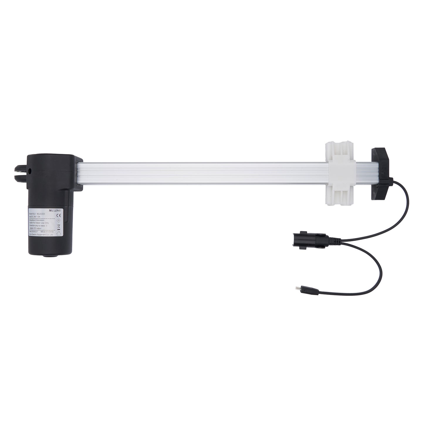 Electronic component with a black cylindrical part, white central section, and black cable on a white background