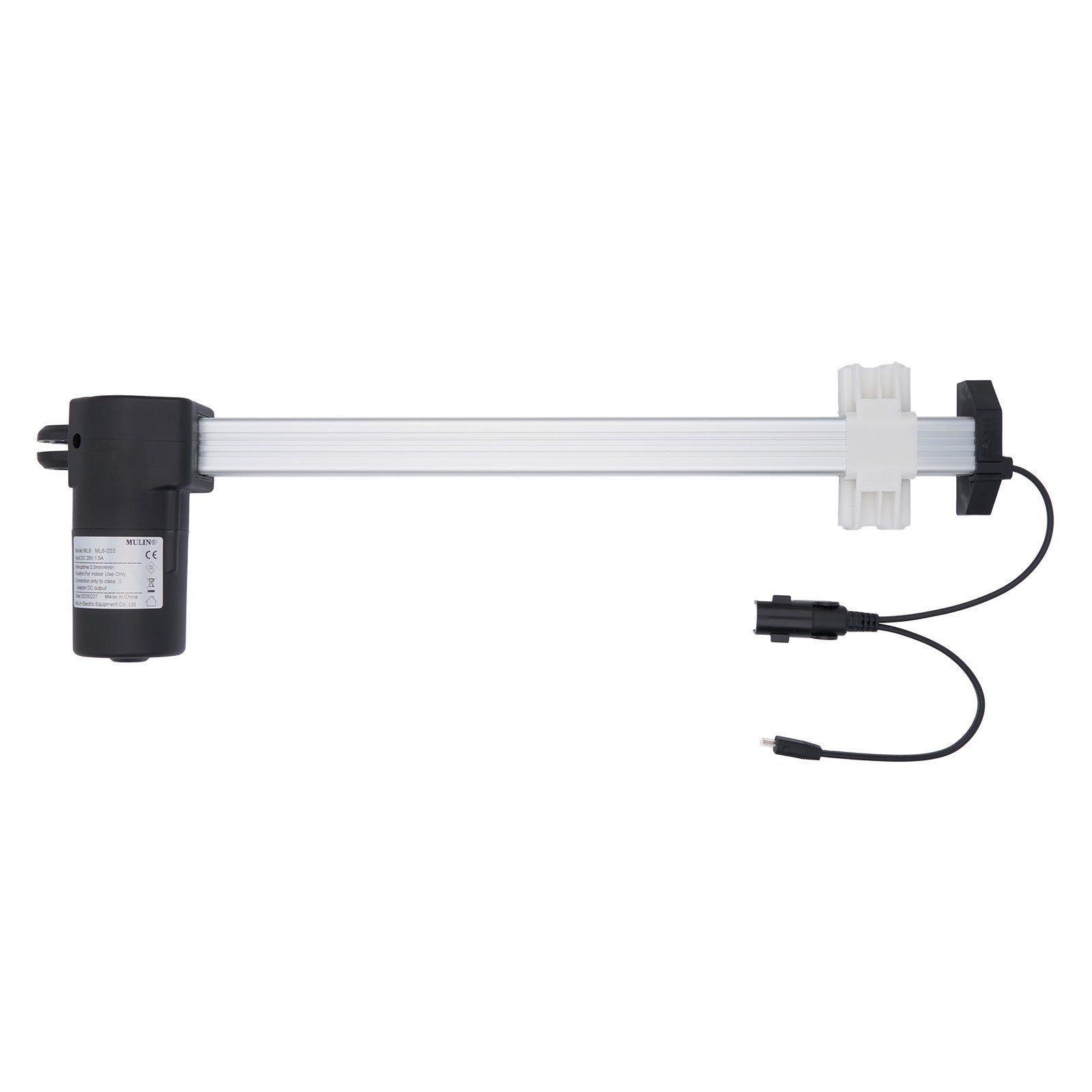 Electronic component with a black cylindrical part, white central section, and black cable on a white background