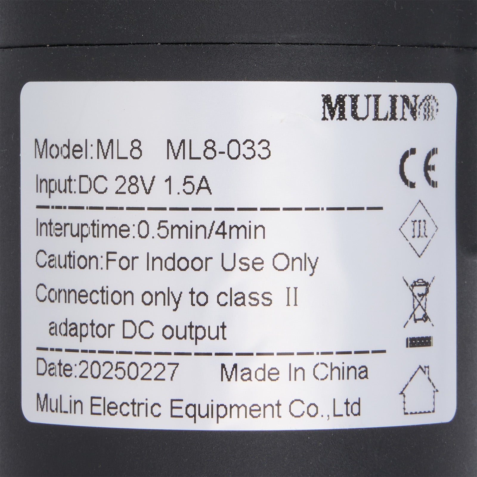 Product label with technical specifications on a black background