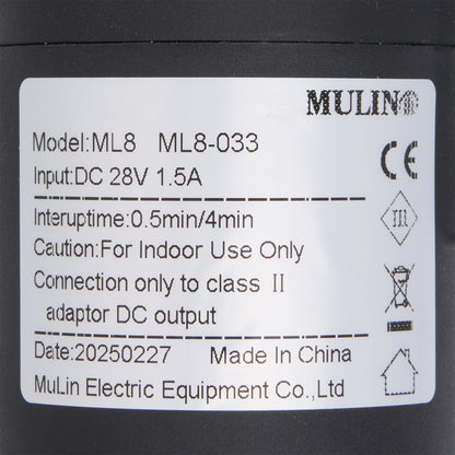 Product label with technical specifications on a black background