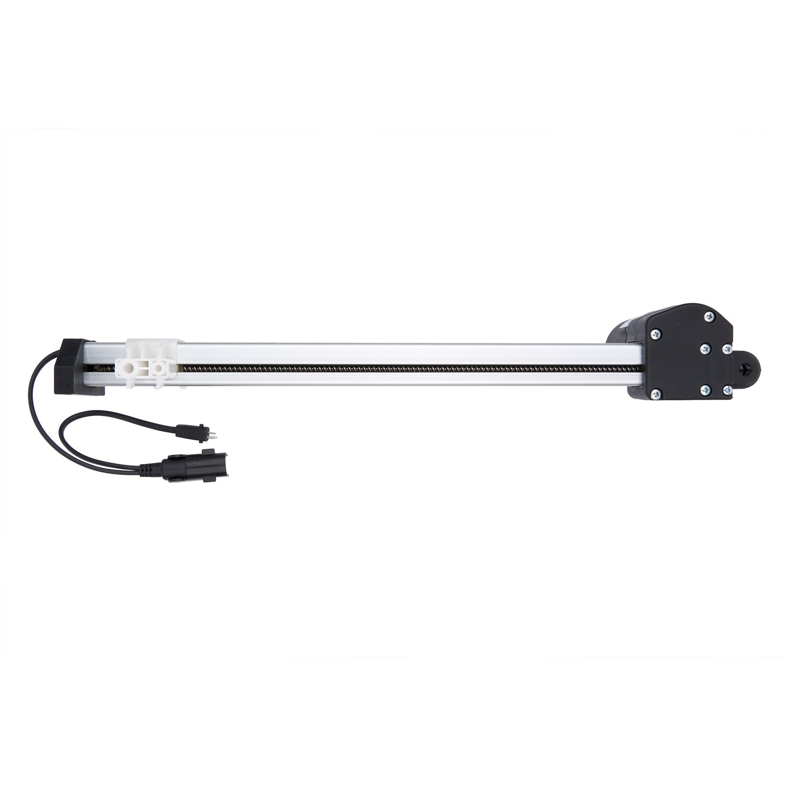 Long, thin mechanical device with a black and white design on a white background
