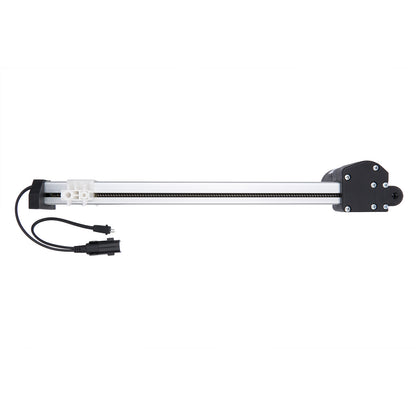 Long, thin mechanical device with a black and white design on a white background
