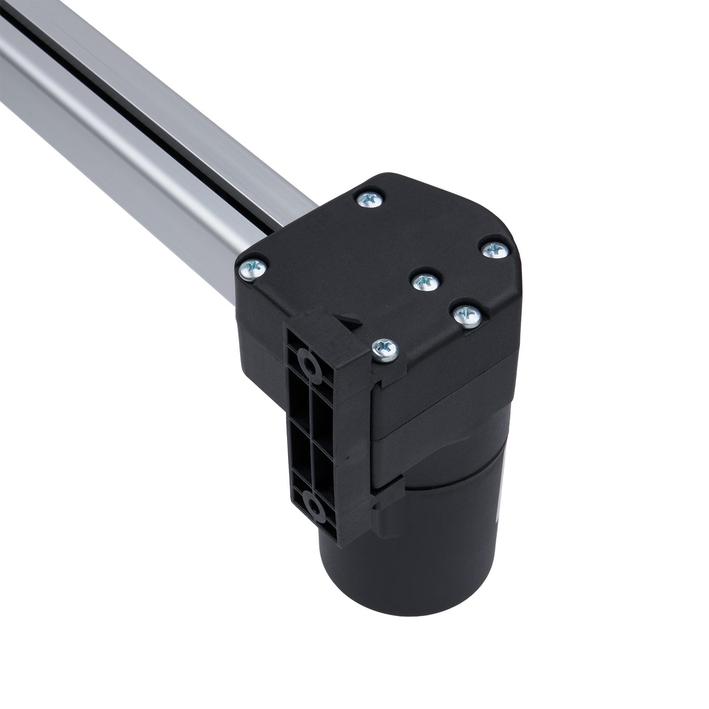 Black metal bracket with screws on a white background