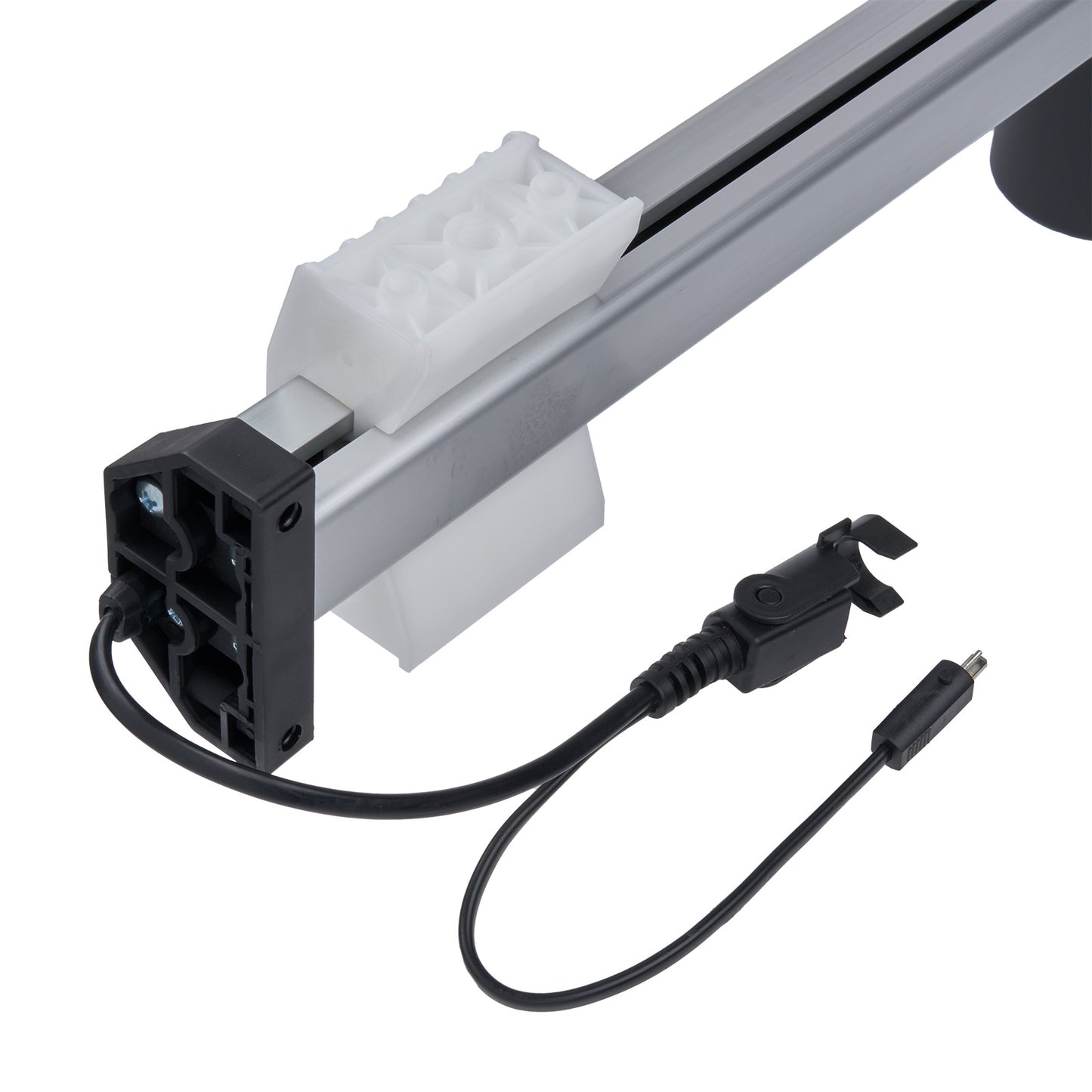 Mechanical arm with a white block and black connectors on a white background