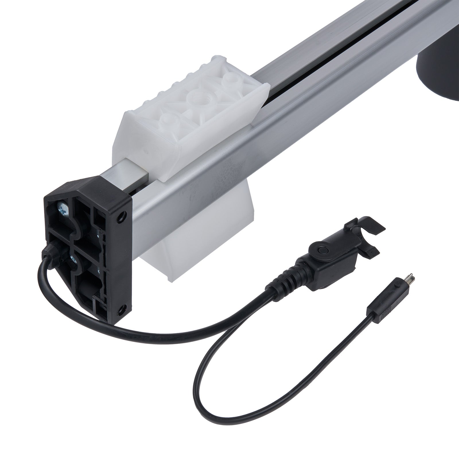 Mechanical arm with a white block and black connectors on a white background