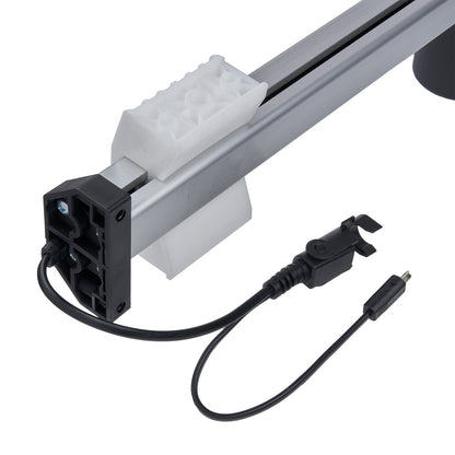 Mechanical arm with a white block and black connectors on a white background