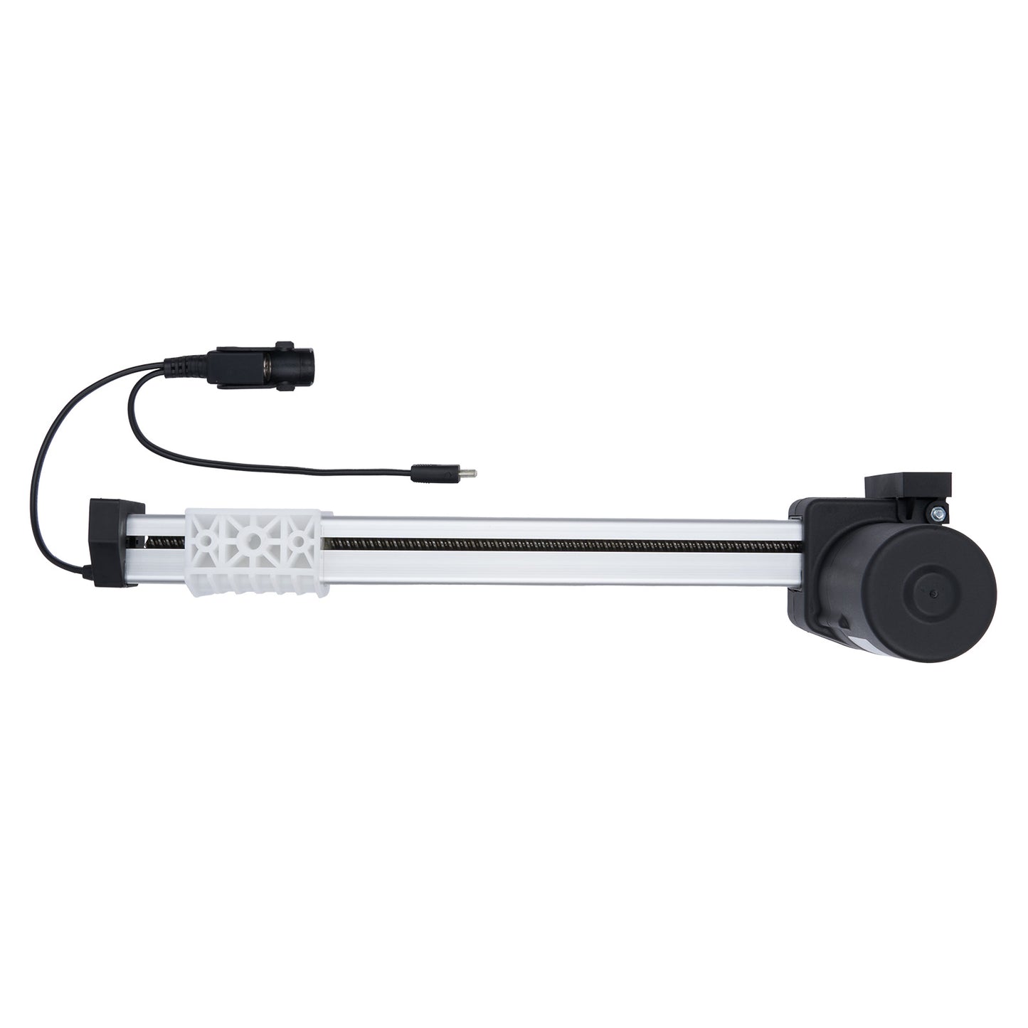 Mechanical device with a cylindrical component and attached cable on a white background
