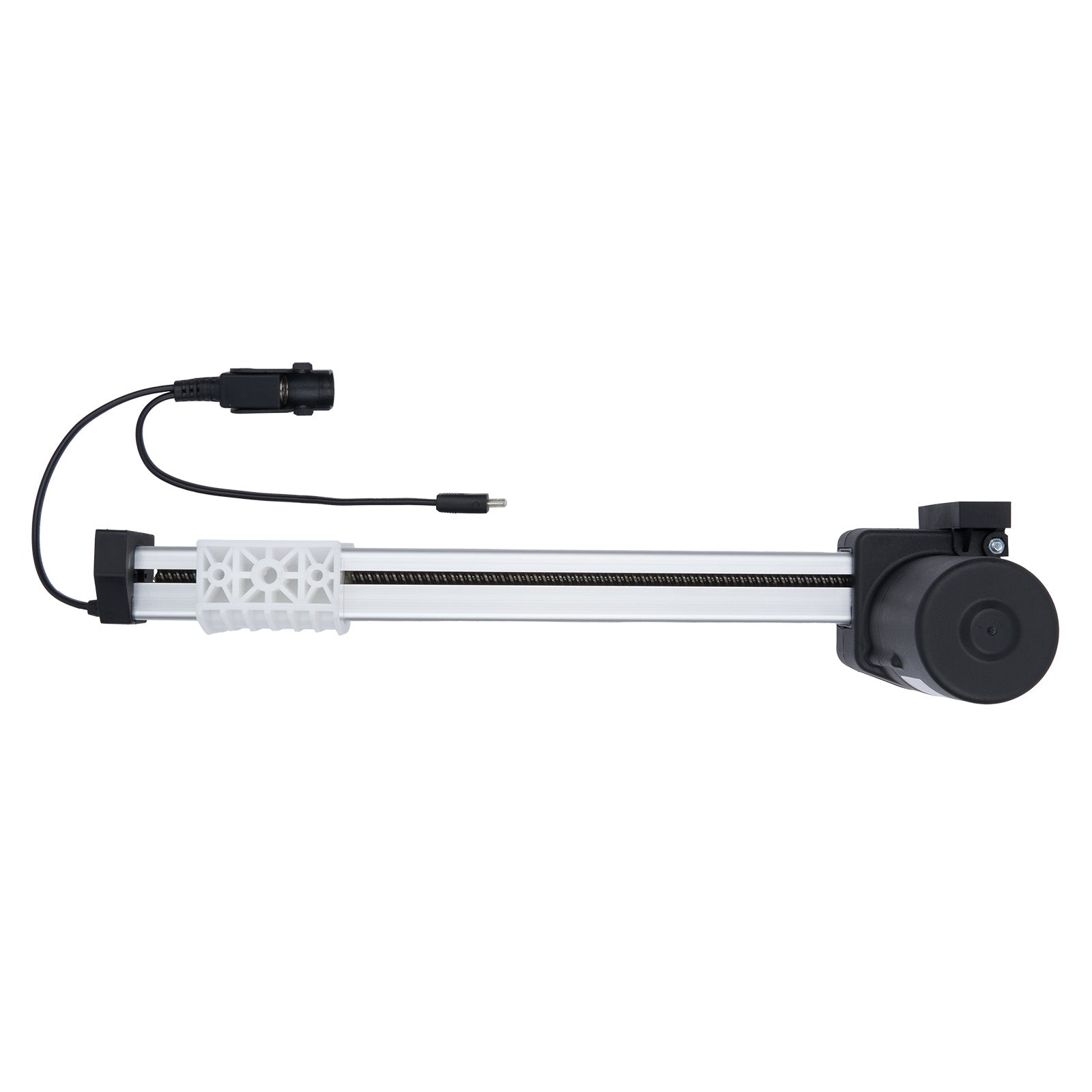 Mechanical device with a cylindrical component and attached cable on a white background