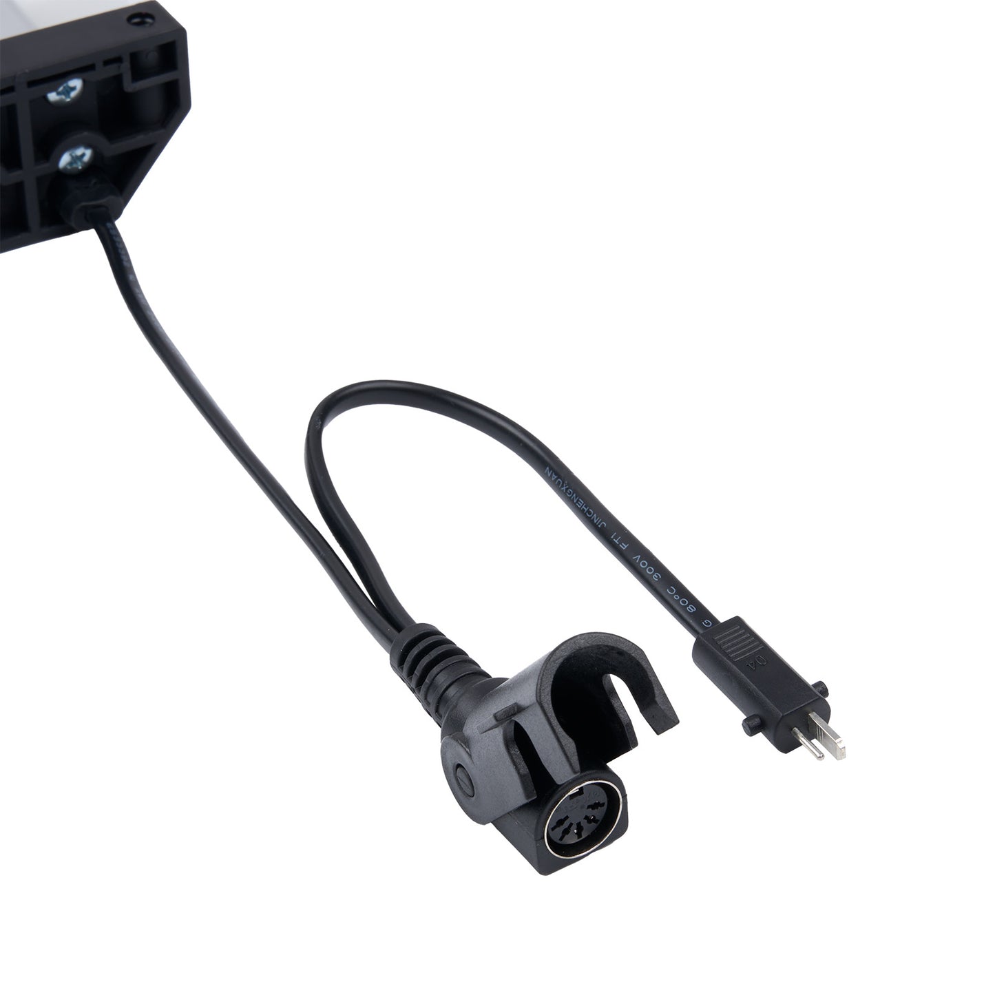 Black electrical cable with plug and connector on a white background