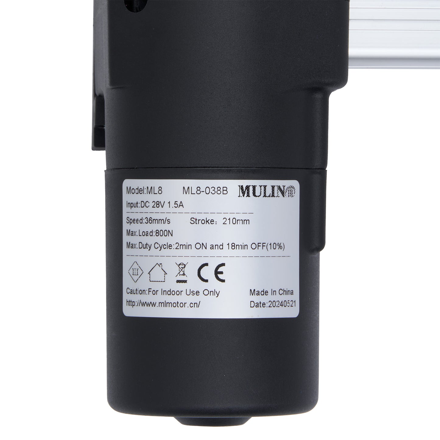 Black oscillating sprinkler with Mulin branding and specifications on a white background