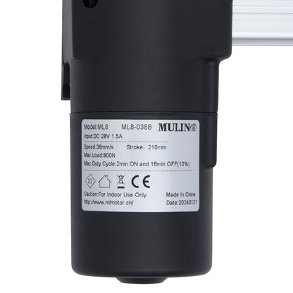 Black oscillating sprinkler with Mulin branding and specifications on a white background