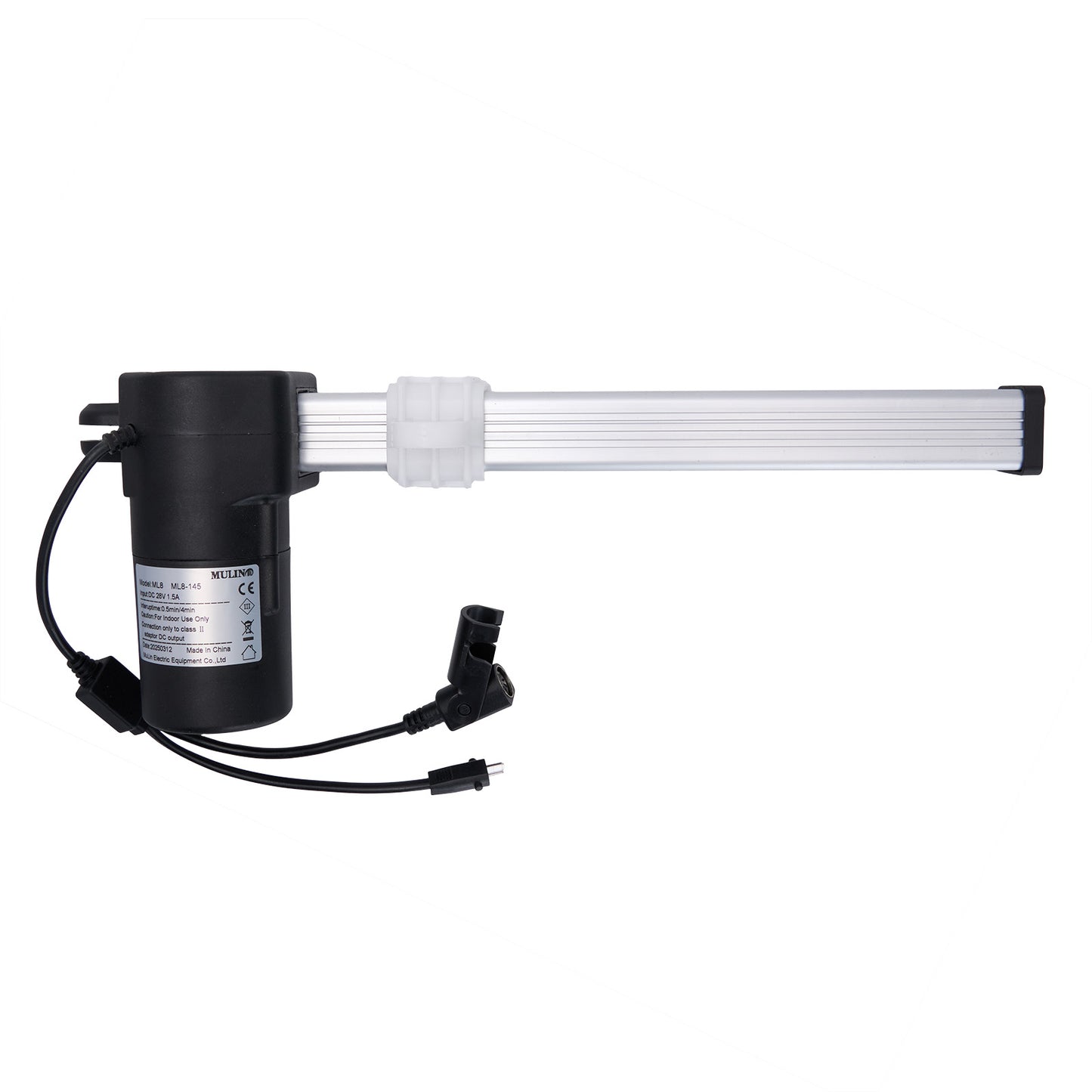 A MULIN ML8-145 linear actuator, with a black motor housing, a white rod, and attached cables and plugs.