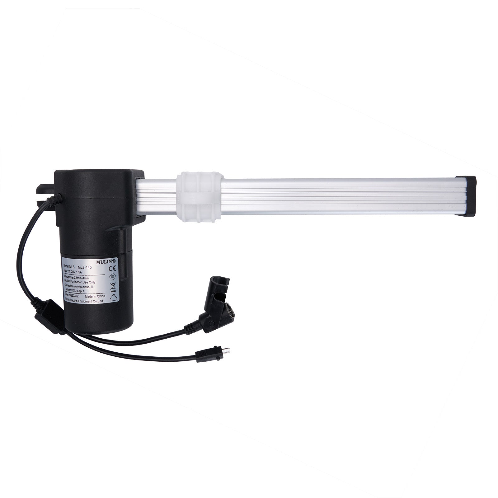 A MULIN ML8-145 linear actuator, with a black motor housing, a white rod, and attached cables and plugs.