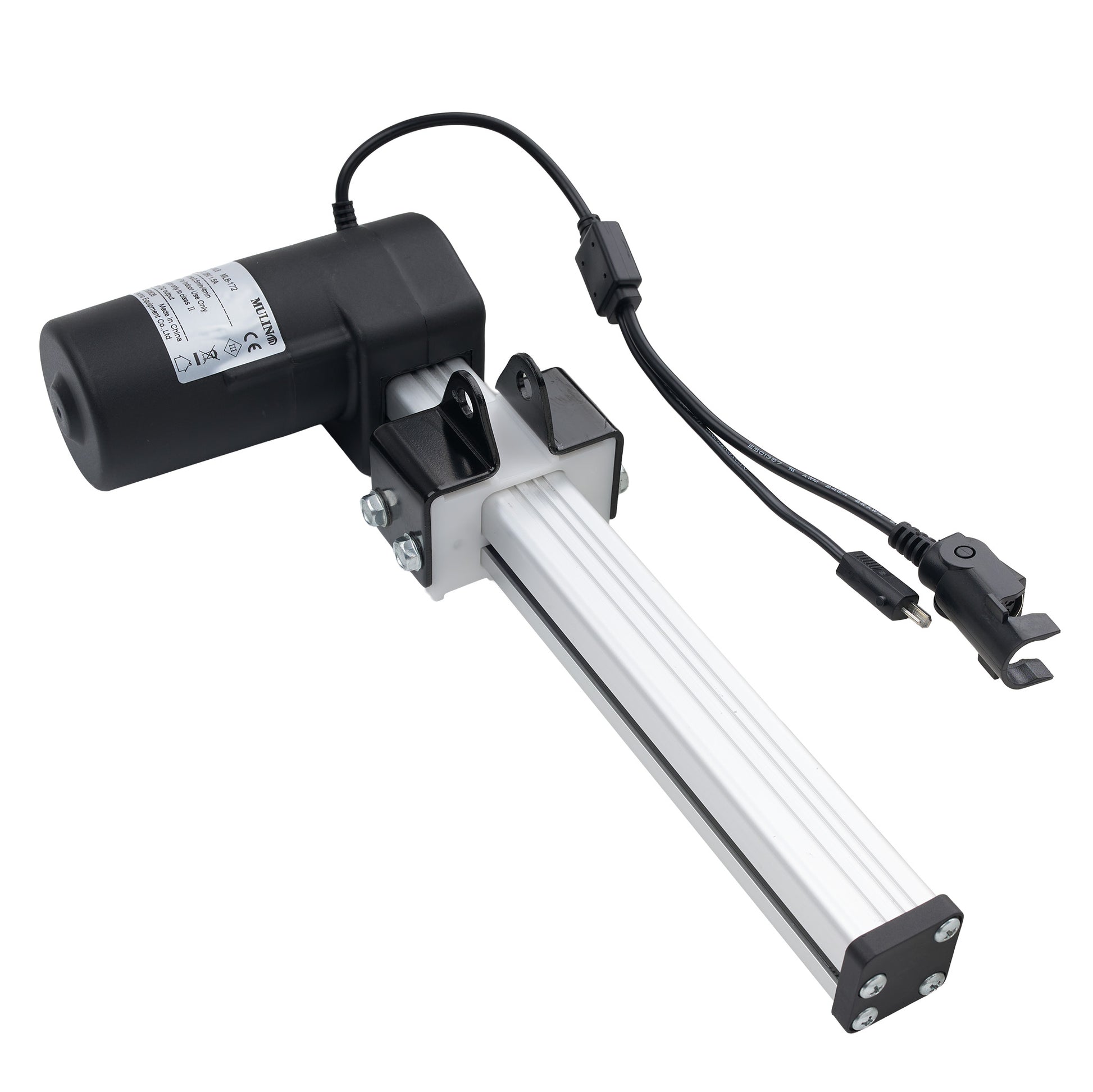 An industrial linear electric motor drive assembly with a black cylindrical motor, silver aluminum rail, and black wiring harness with connectors, shown on a plain white background.