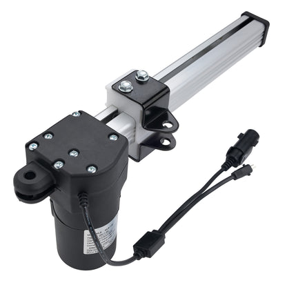 A linear electric actuator with a black motor housing, silver aluminum rod, black mounting bracket, and attached black power cables, shown on a white background.