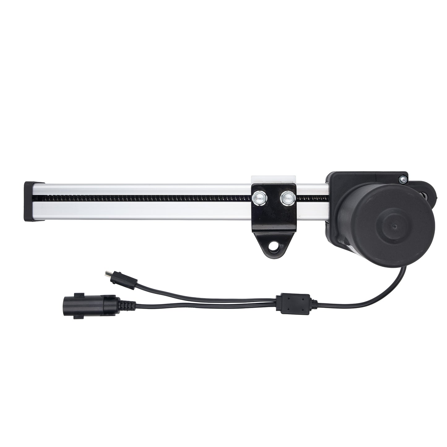 A linear motor slide assembly with a black and silver rail, a black motor unit, and attached black cables with connectors, shown on a plain white background.