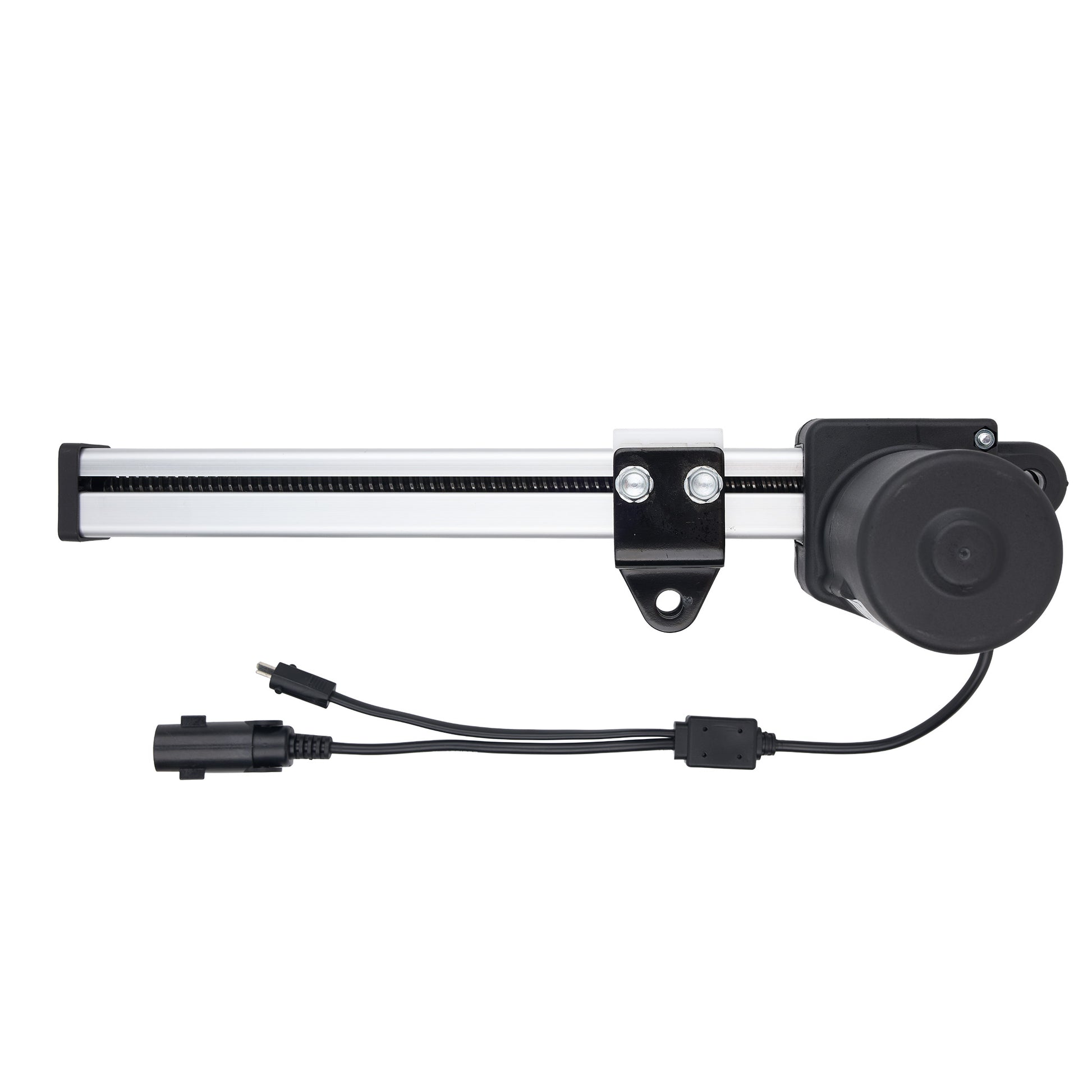 A linear motor slide assembly with a black and silver rail, a black motor unit, and attached black cables with connectors, shown on a plain white background.