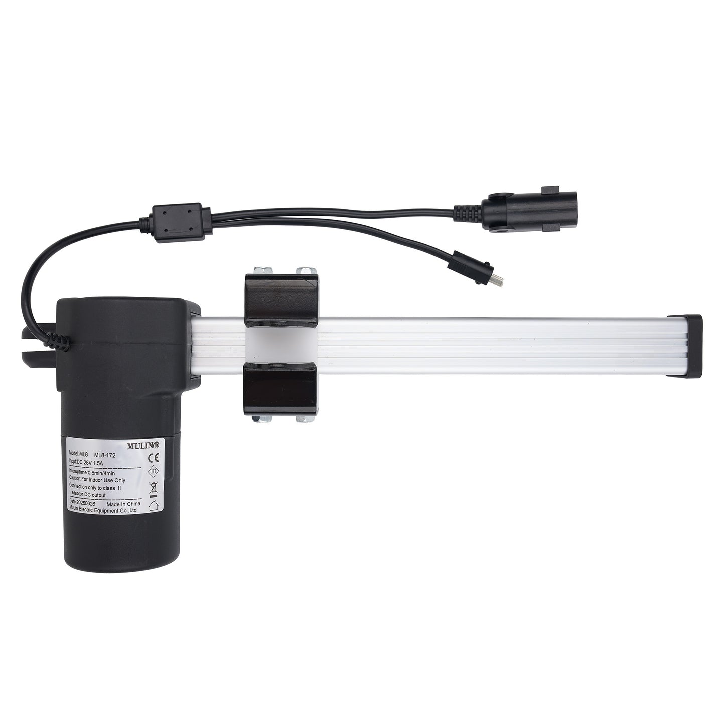 A black linear electric actuator with an attached black cable and connector, shown on a plain white background.