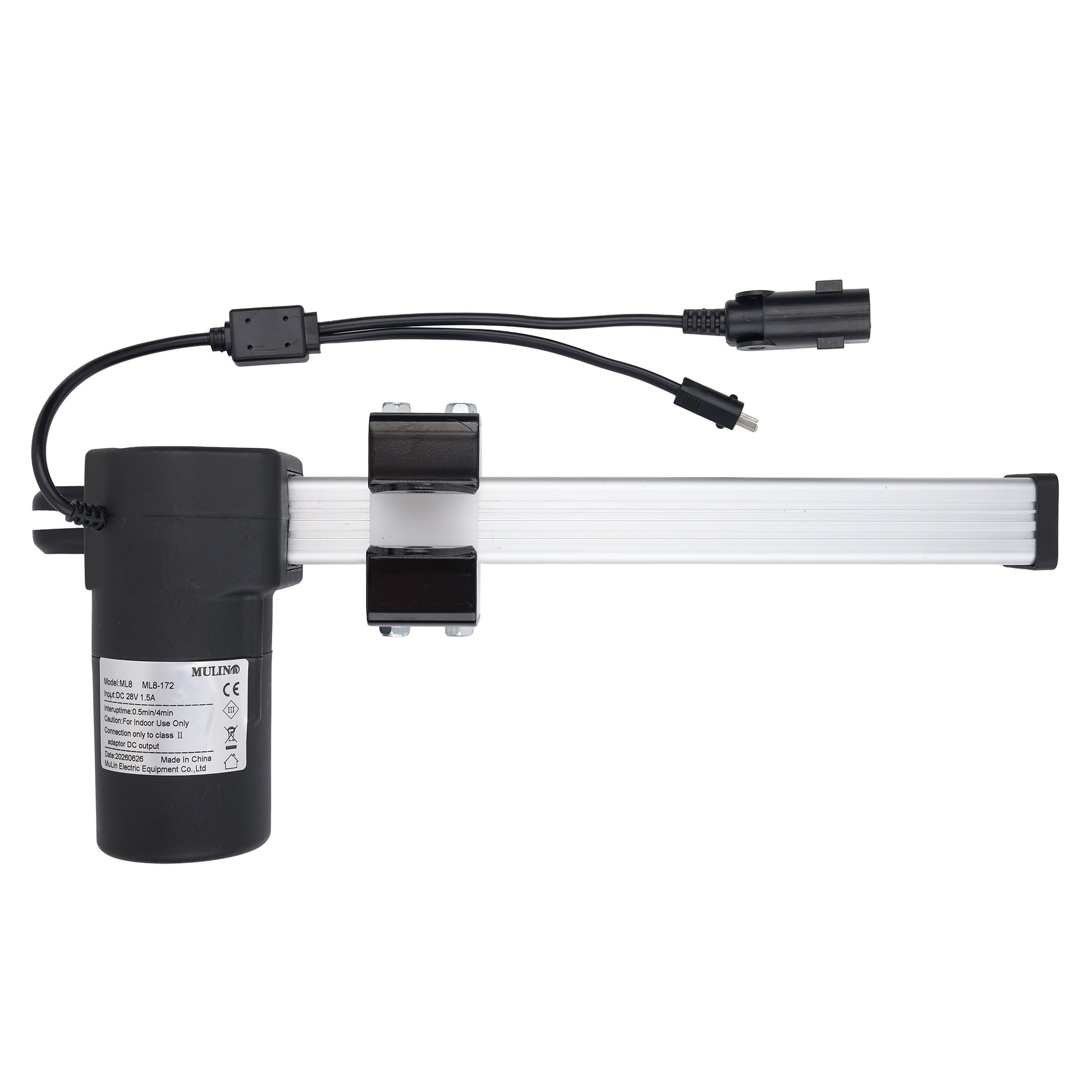 A black linear electric actuator with an attached black cable and connector, shown on a plain white background.