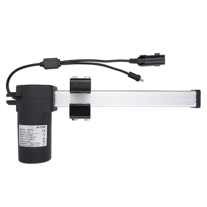 A black linear electric actuator with an attached black cable and connector, shown on a plain white background.