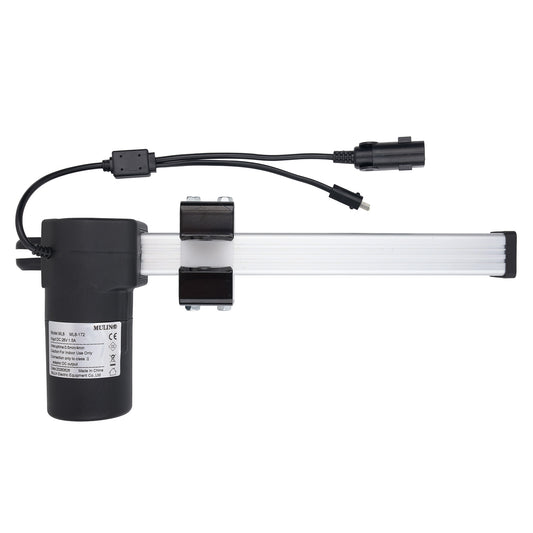 A black linear electric actuator with an attached black cable and connector, shown on a plain white background.