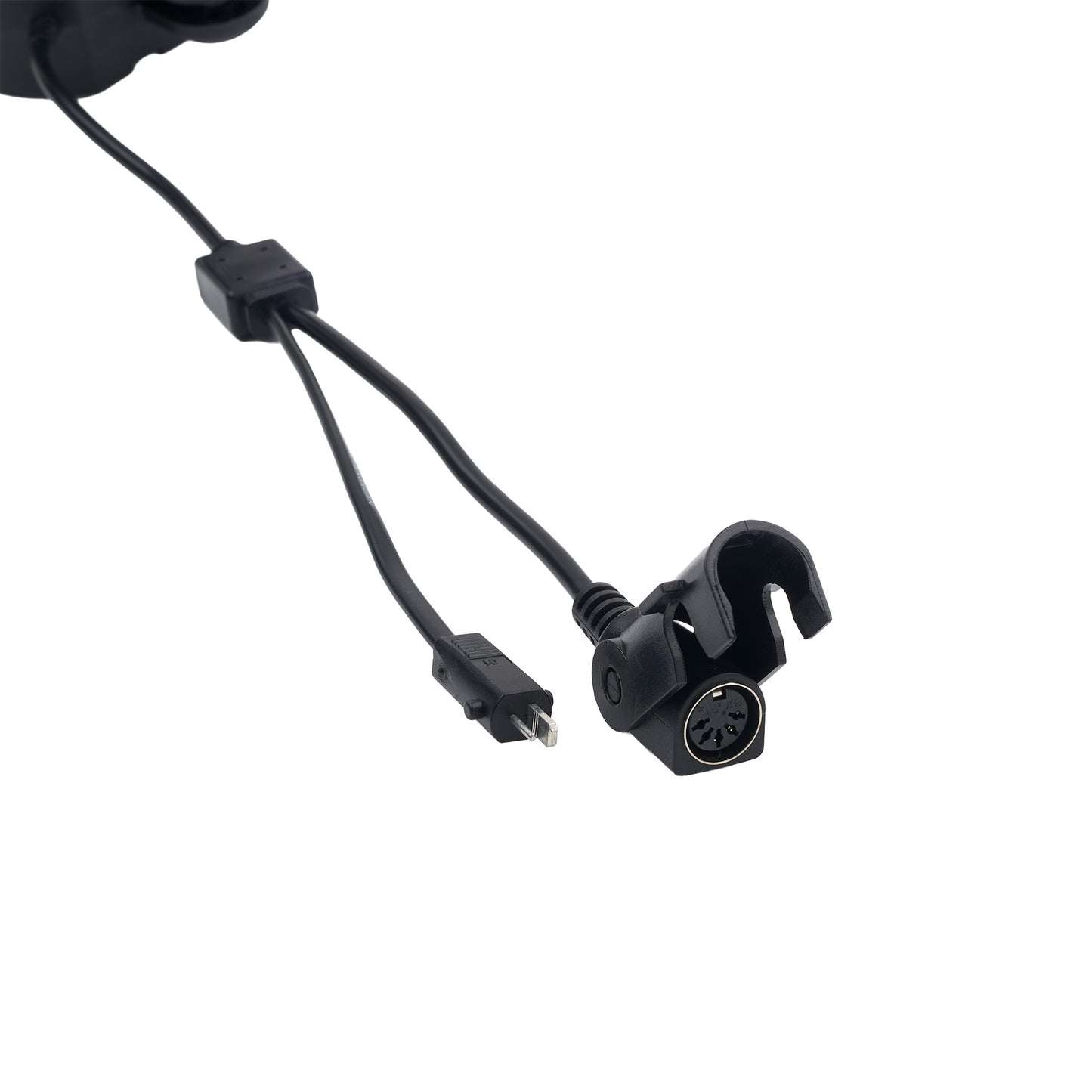 A black dual-wire electrical connector cable with a USB-C plug and a multi-pin circular connector, shown on a plain white background.