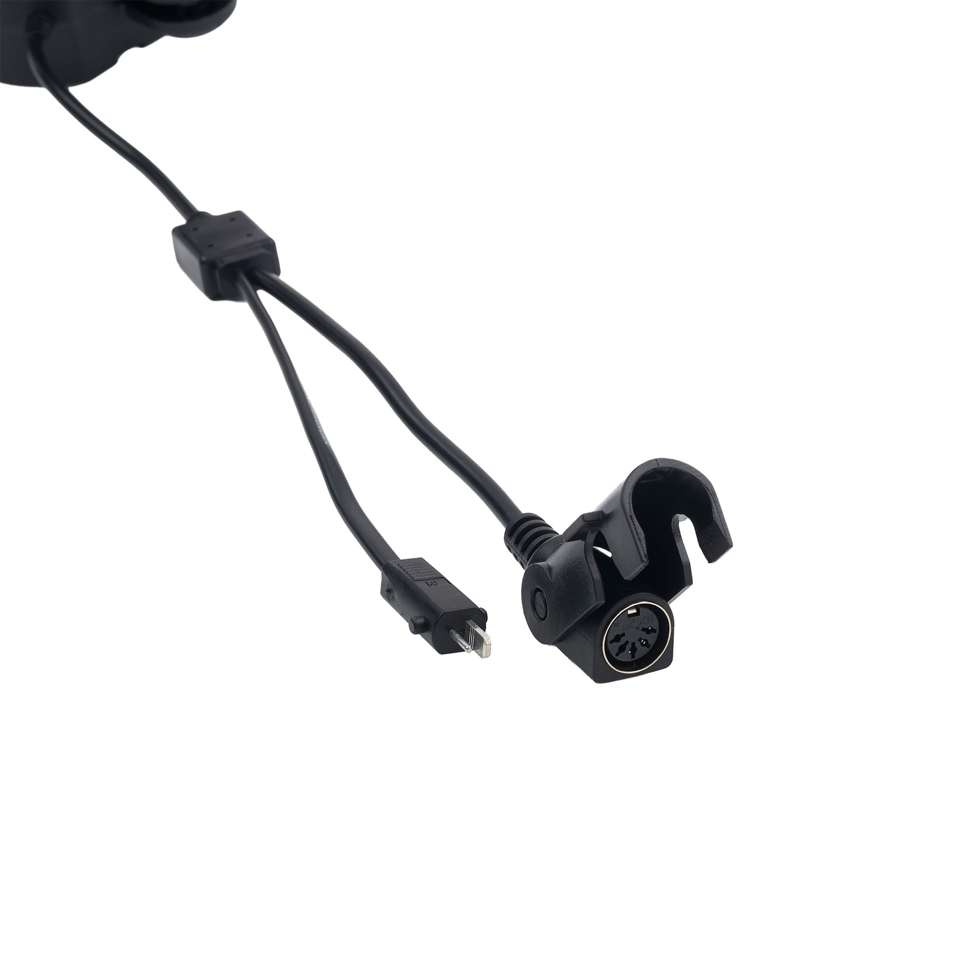 A black dual-wire electrical connector cable with a USB-C plug and a multi-pin circular connector, shown on a plain white background.