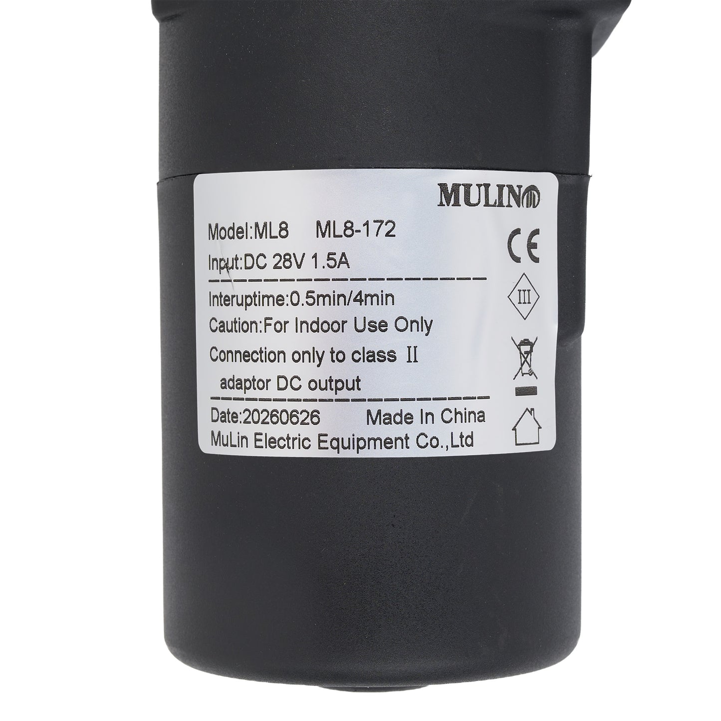 A close-up of a black cylindrical electrical component with a white product label. The label shows the brand MULIN and model ML8-172, along with technical specifications and safety icons.