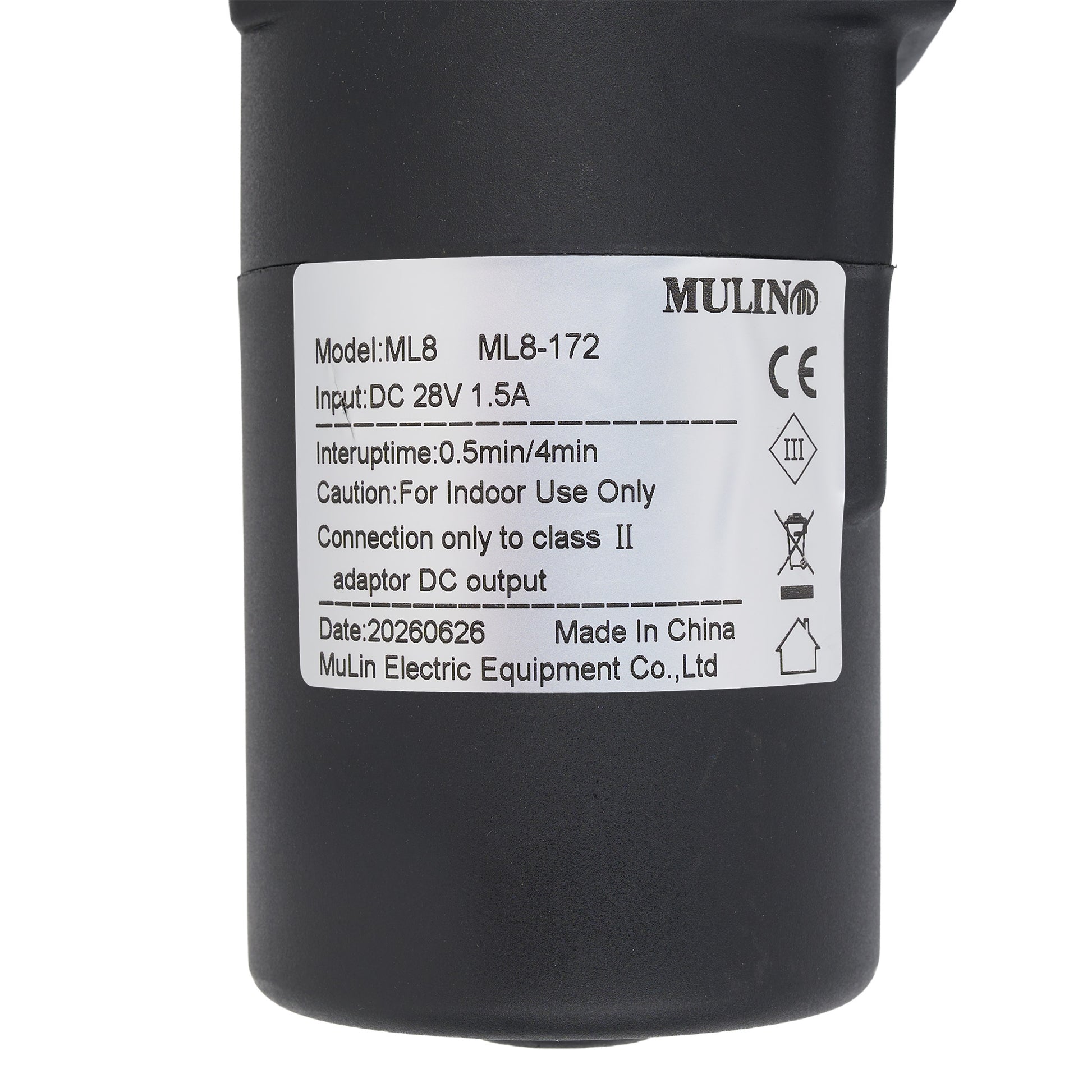 A close-up of a black cylindrical electrical component with a white product label. The label shows the brand MULIN and model ML8-172, along with technical specifications and safety icons.
