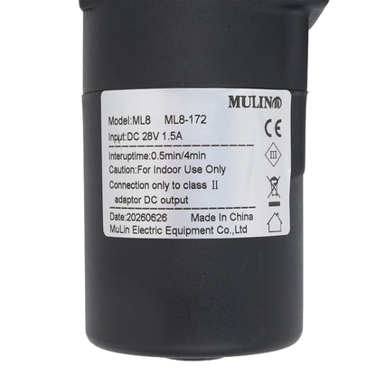 A close-up of a black cylindrical electrical component with a white product label. The label shows the brand MULIN and model ML8-172, along with technical specifications and safety icons.