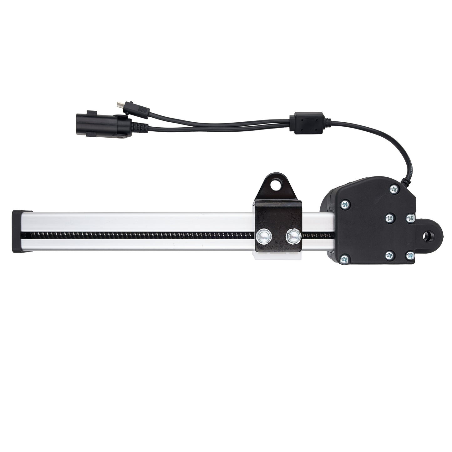 A linear motion slide assembly with a black and silver metal rail, a black motor housing, and attached black cables with connectors, shown on a plain white background.