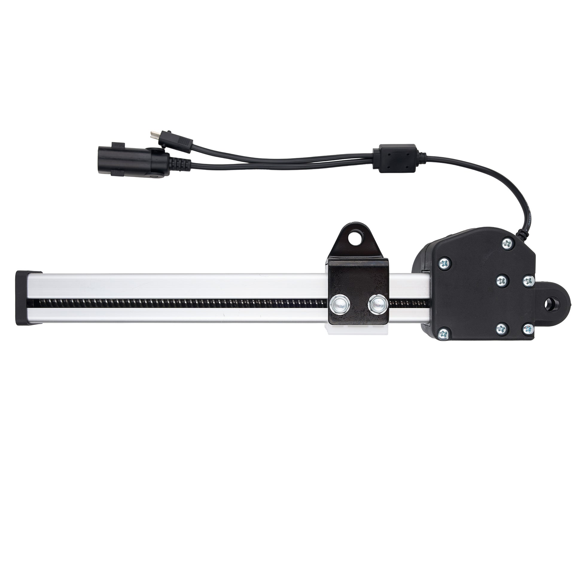 A linear motion slide assembly with a black and silver metal rail, a black motor housing, and attached black cables with connectors, shown on a plain white background.