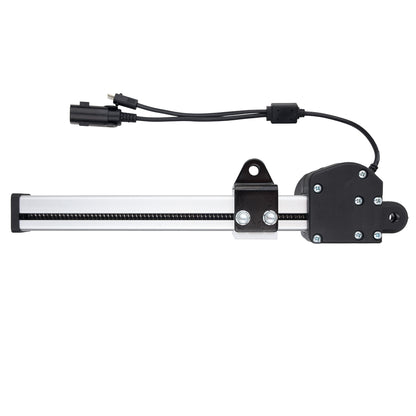 A linear motion slide assembly with a black and silver metal rail, a black motor housing, and attached black cables with connectors, shown on a plain white background.