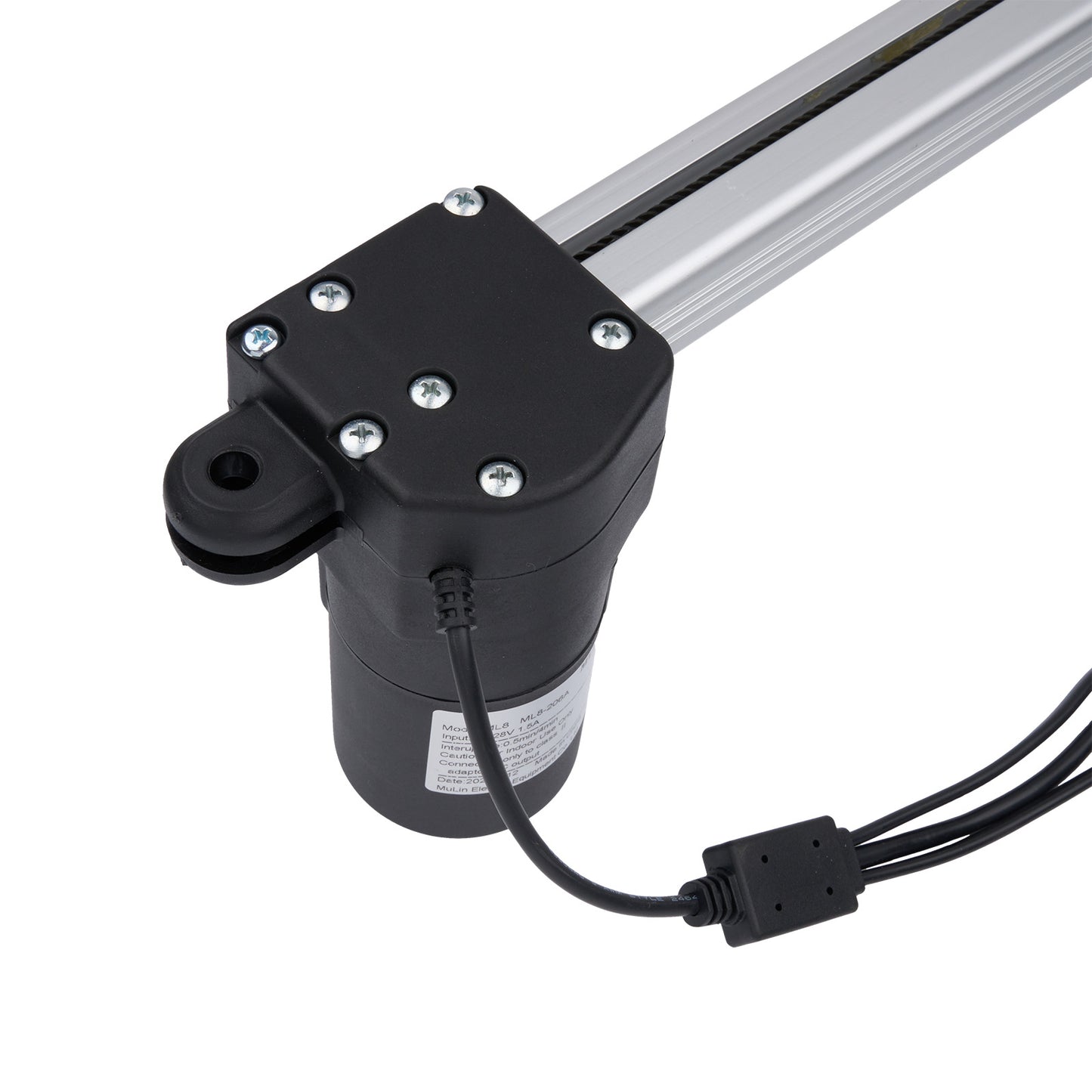 Black actuator with metal rod on a white background
