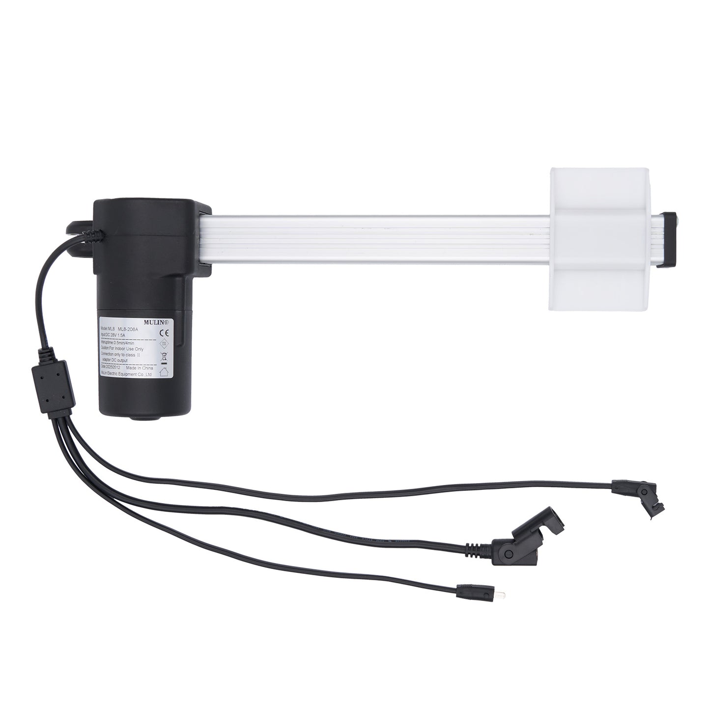 Electrical component with black housing and white cable on a white background