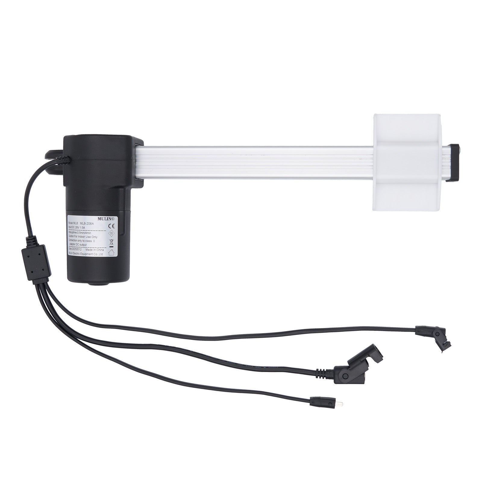 Electrical component with black housing and white cable on a white background