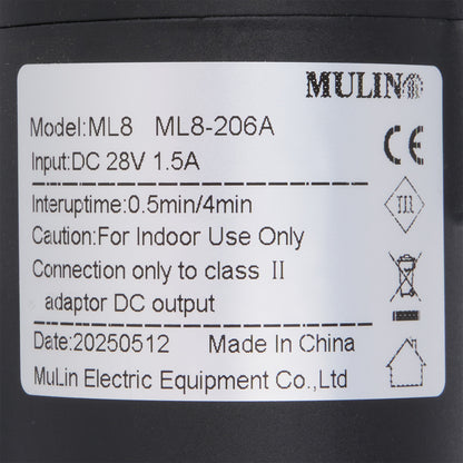 Label with technical specifications and branding on a black background