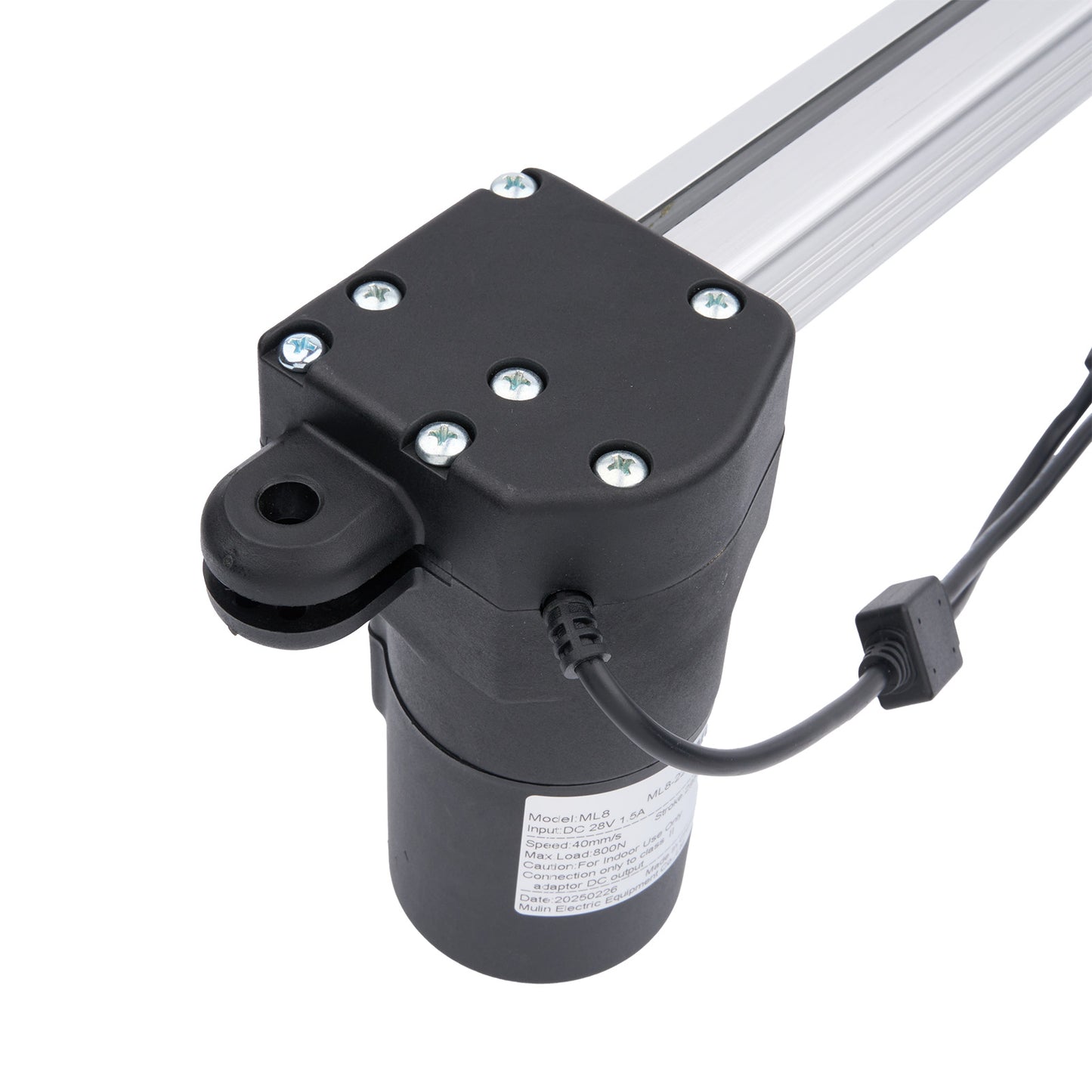 Black linear actuator with cables on a white background